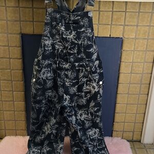 Polagram Navy and White Floral Denim Overalls